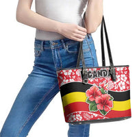 Uganda Leather Tote Bag with Red Hibiscus Flowers and National Flag Design