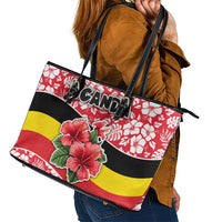Uganda Leather Tote Bag with Red Hibiscus Flowers and National Flag Design