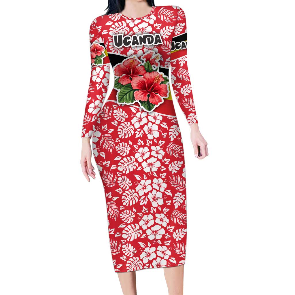 Uganda Long Sleeve Bodycon Dress with Red Hibiscus Flowers and National Flag Design