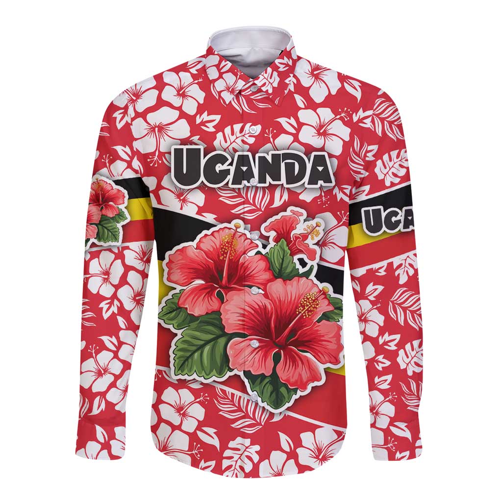 Uganda Long Sleeve Button Shirt with Red Hibiscus Flowers and National Flag Design