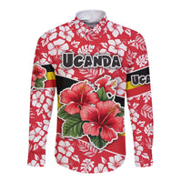 Uganda Long Sleeve Button Shirt with Red Hibiscus Flowers and National Flag Design
