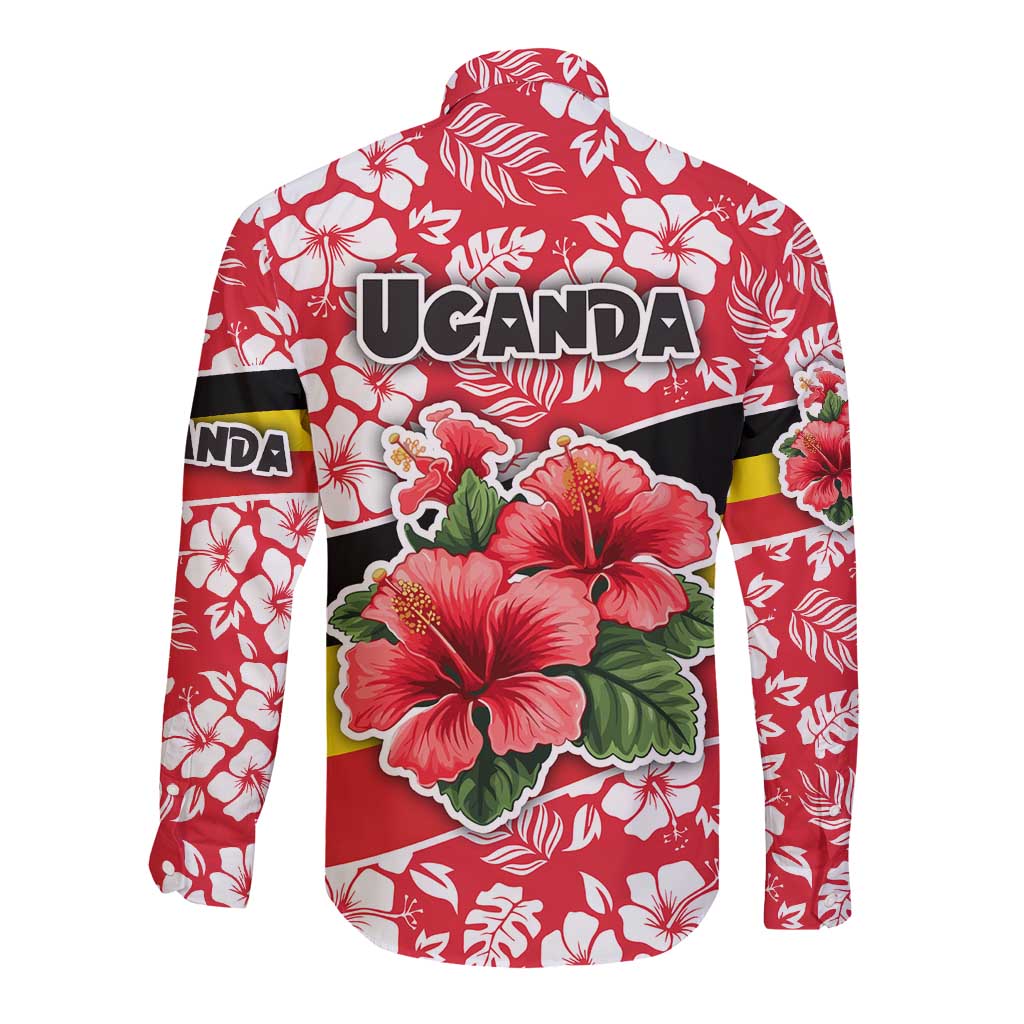 Uganda Long Sleeve Button Shirt with Red Hibiscus Flowers and National Flag Design