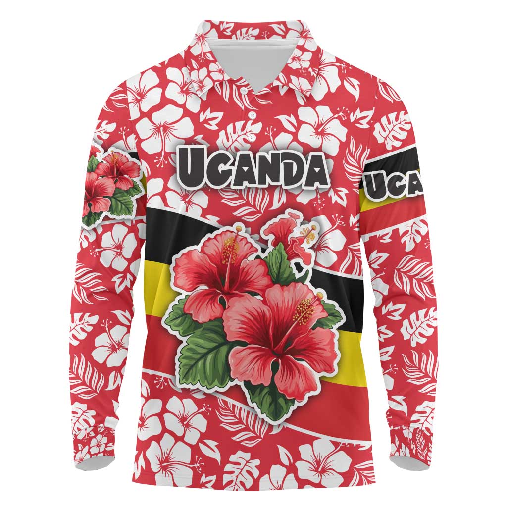 Uganda Long Sleeve Polo Shirt with Red Hibiscus Flowers and National Flag Design