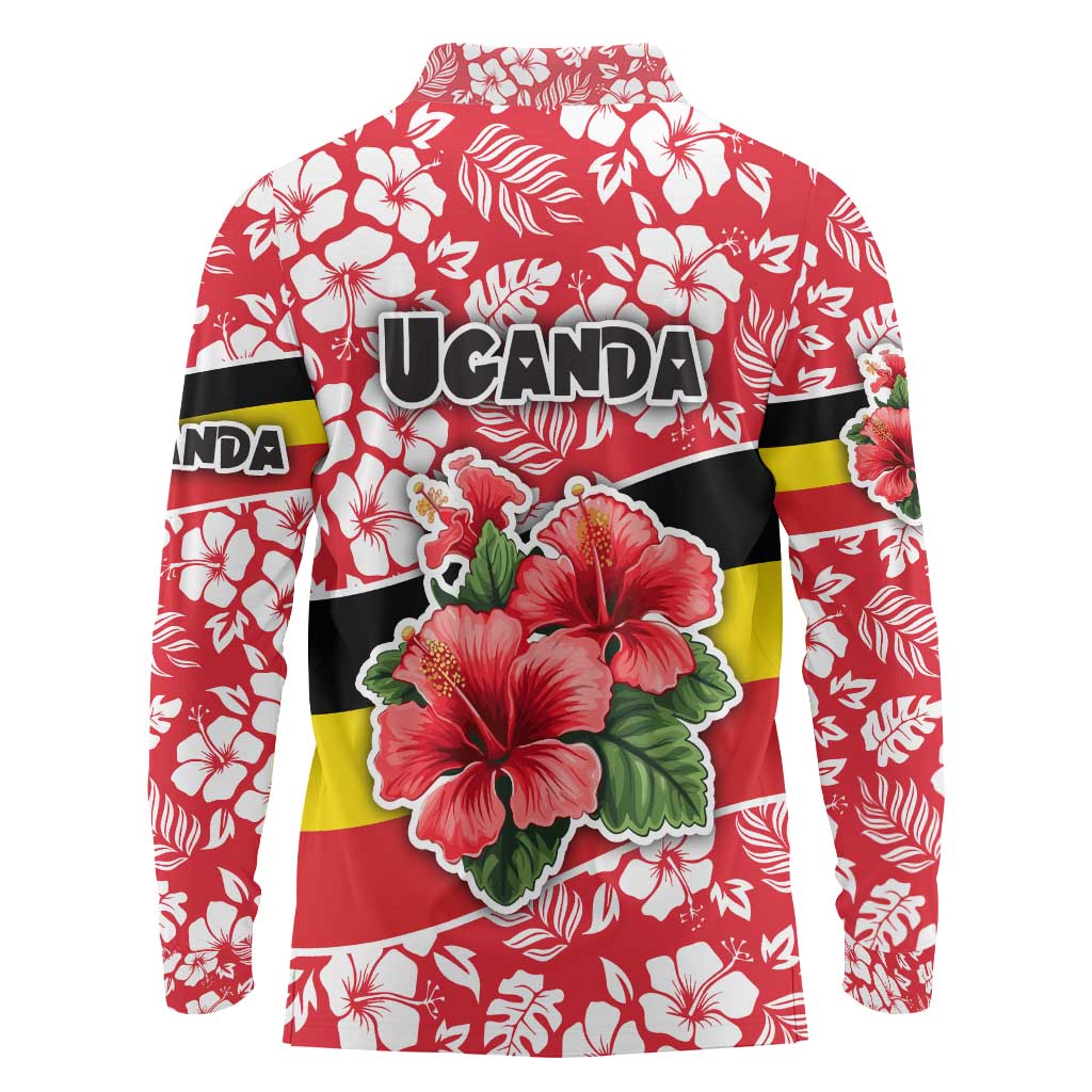 Uganda Long Sleeve Polo Shirt with Red Hibiscus Flowers and National Flag Design