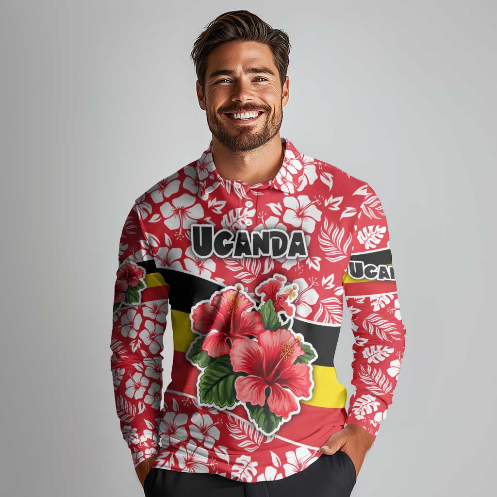 Uganda Long Sleeve Polo Shirt with Red Hibiscus Flowers and National Flag Design