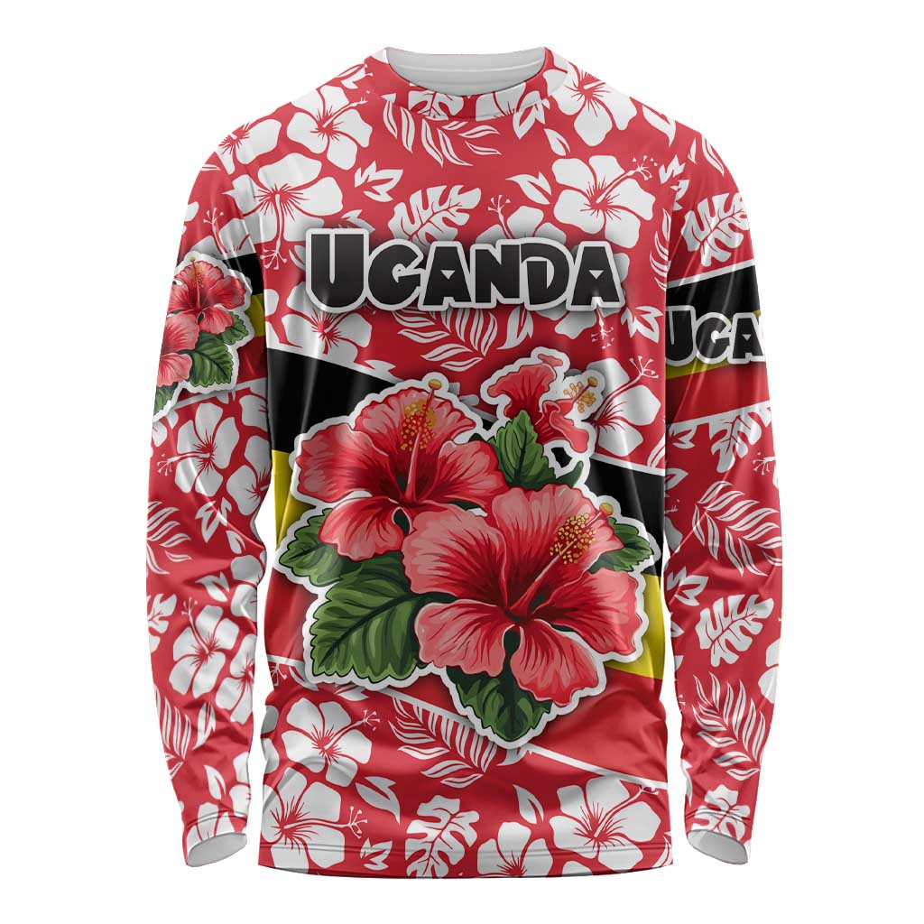 Uganda Long Sleeve Shirt with Red Hibiscus Flowers and National Flag Design
