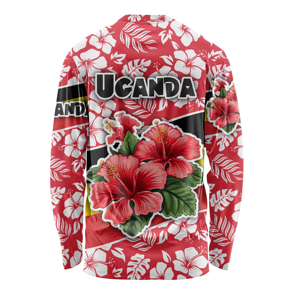 Uganda Long Sleeve Shirt with Red Hibiscus Flowers and National Flag Design