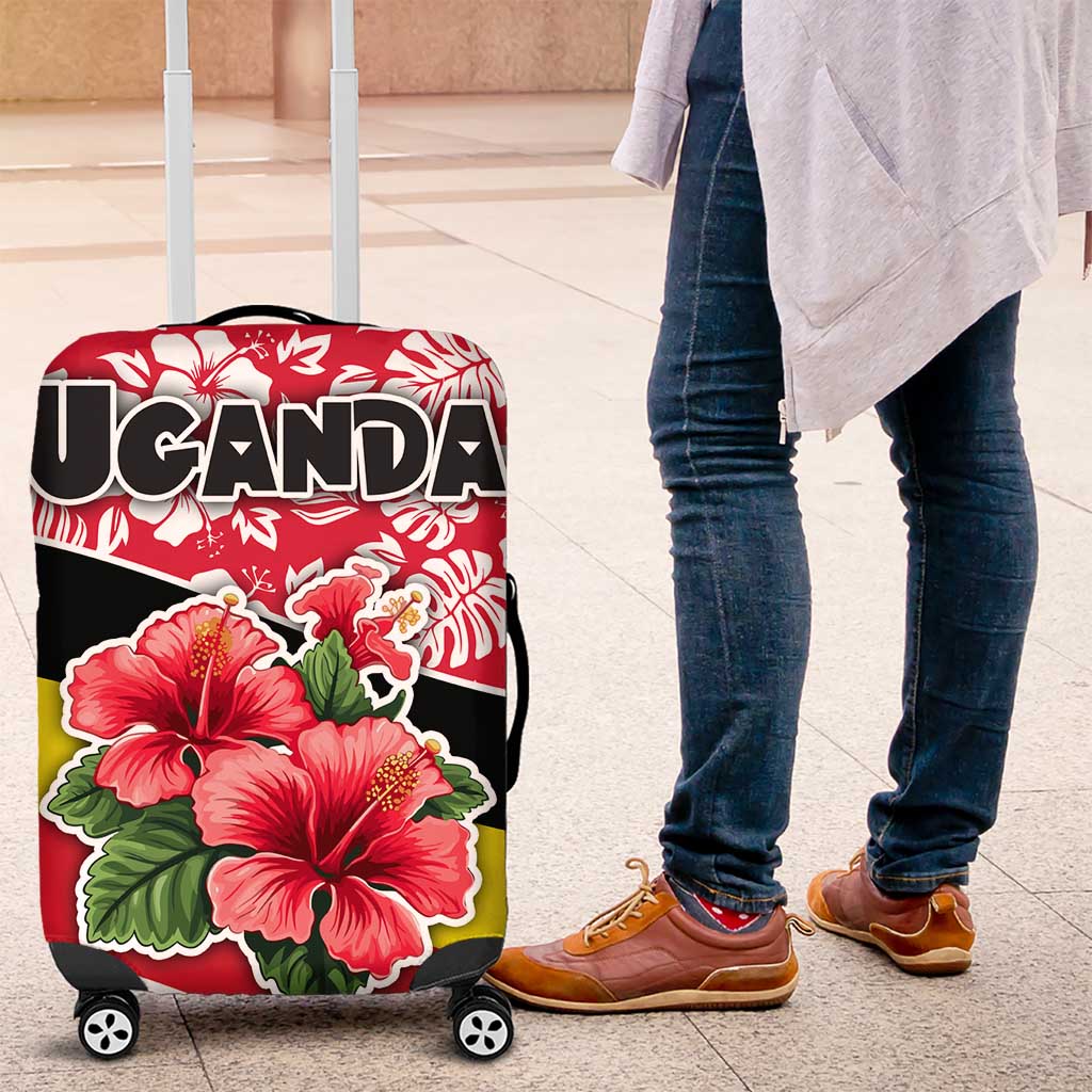 Uganda Luggage Cover with Red Hibiscus Flowers and National Flag Design