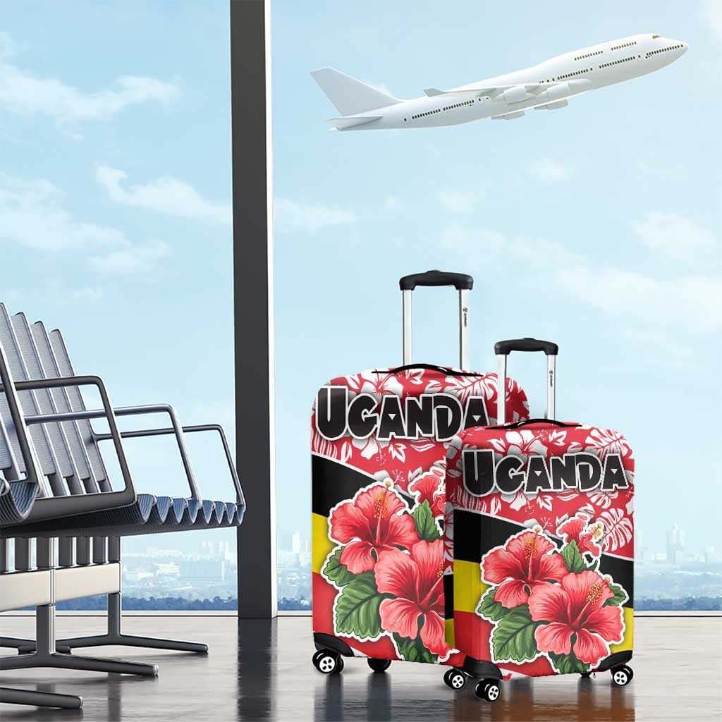 Uganda Luggage Cover with Red Hibiscus Flowers and National Flag Design