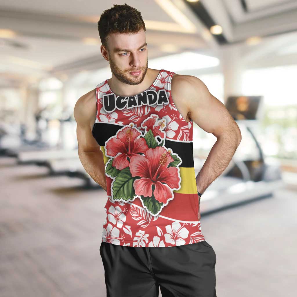 Uganda Men Tank Top with Red Hibiscus Flowers and National Flag Design