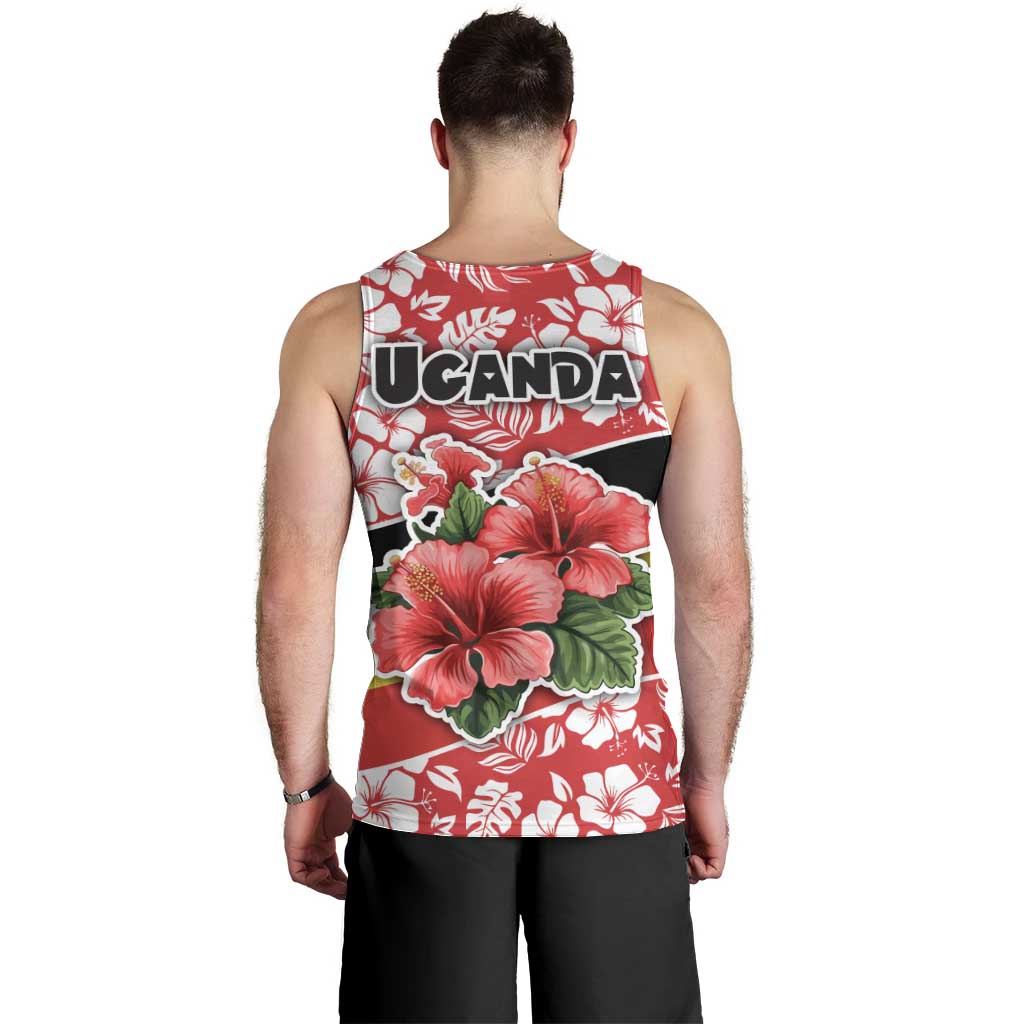 Uganda Men Tank Top with Red Hibiscus Flowers and National Flag Design