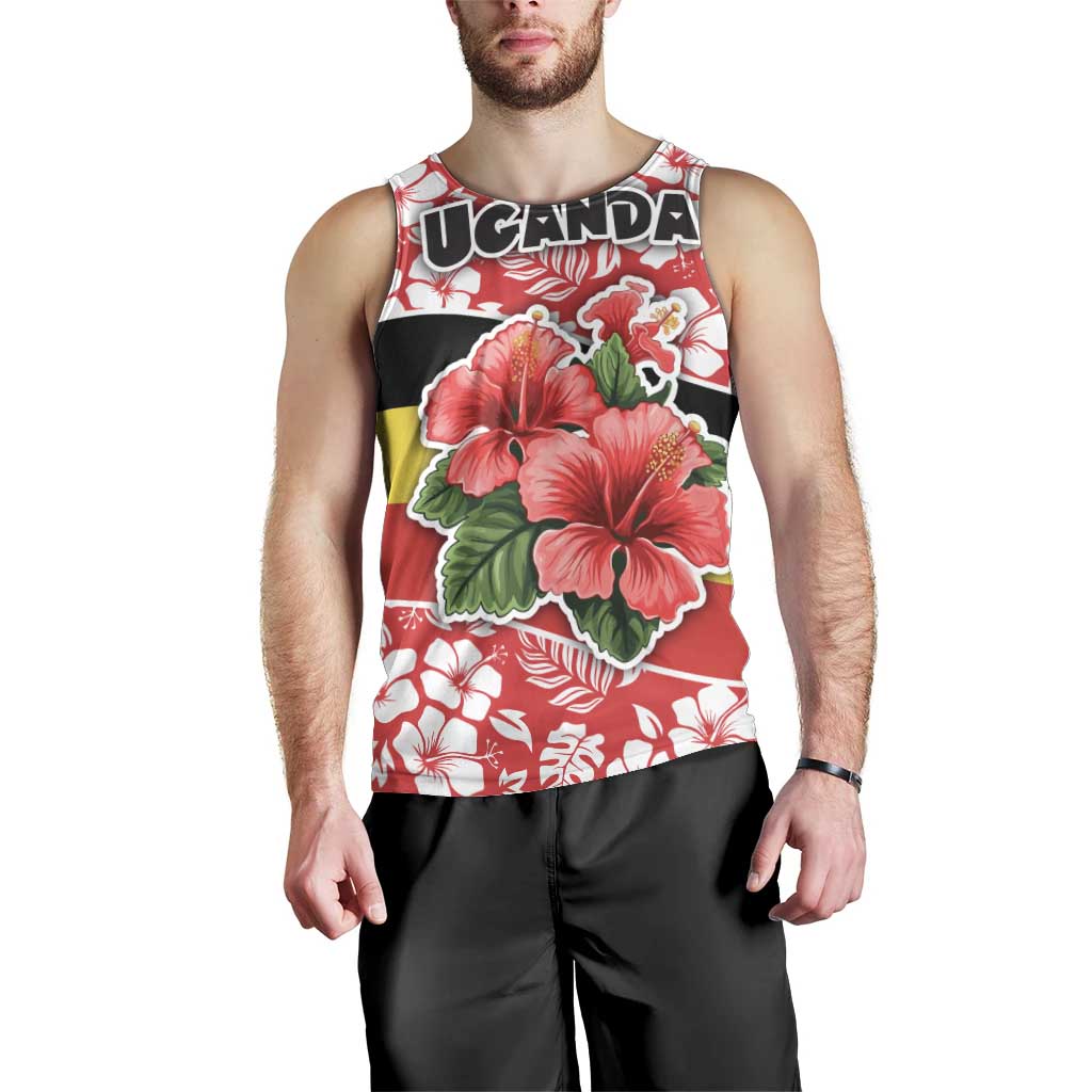 Uganda Men Tank Top with Red Hibiscus Flowers and National Flag Design