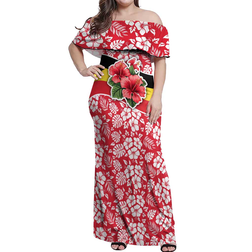 Uganda Off Shoulder Maxi Dress with Red Hibiscus Flowers and National Flag Design