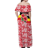 Uganda Off Shoulder Maxi Dress with Red Hibiscus Flowers and National Flag Design