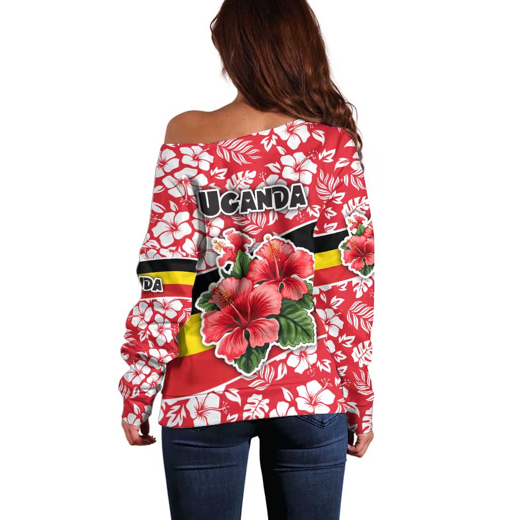 Uganda Off Shoulder Sweater with Red Hibiscus Flowers and National Flag Design