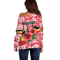 Uganda Off Shoulder Sweater with Red Hibiscus Flowers and National Flag Design