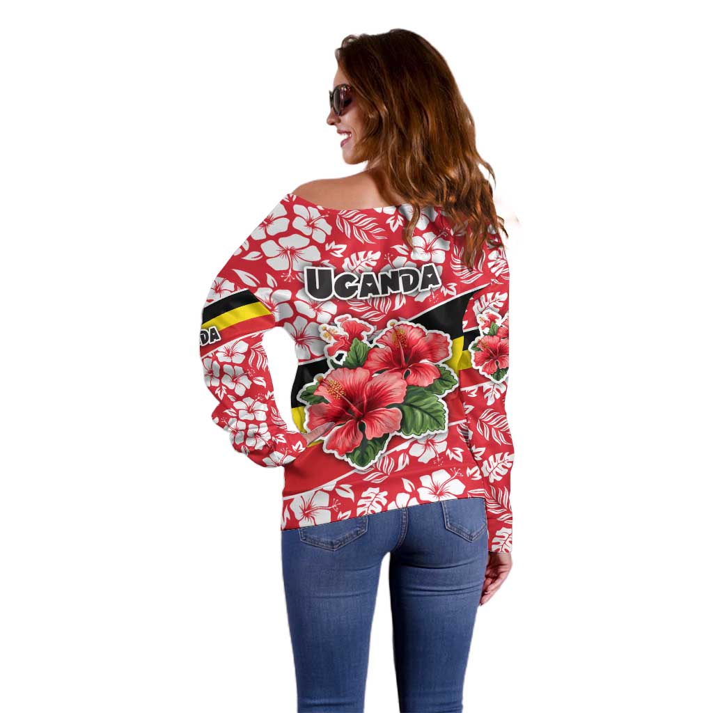 Uganda Off Shoulder Sweater with Red Hibiscus Flowers and National Flag Design