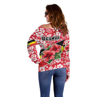 Uganda Off Shoulder Sweater with Red Hibiscus Flowers and National Flag Design