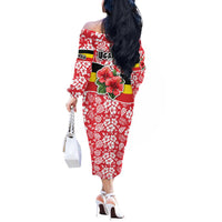 Uganda Off The Shoulder Long Sleeve Dress with Red Hibiscus Flowers and National Flag Design