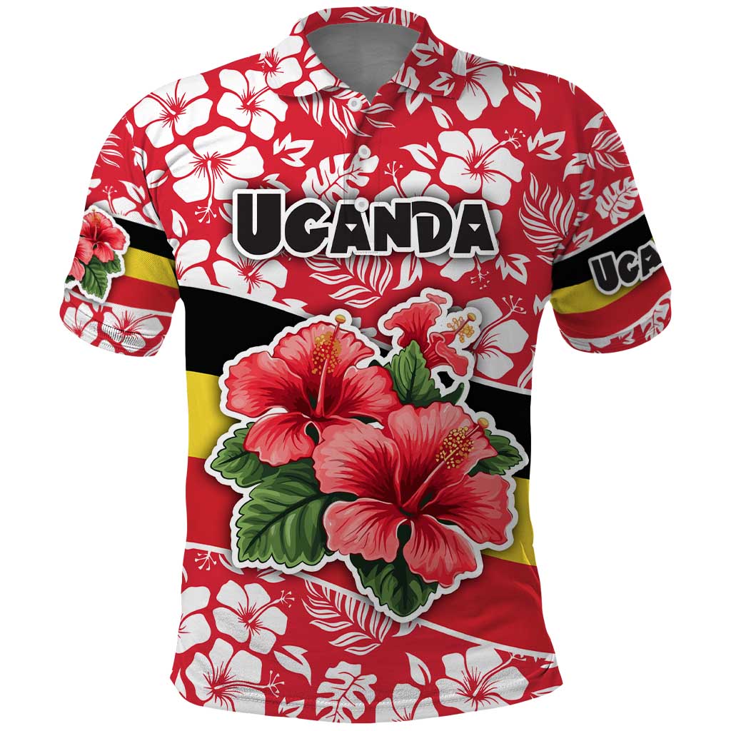 Uganda Polo Shirt with Red Hibiscus Flowers and National Flag Design
