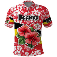 Uganda Polo Shirt with Red Hibiscus Flowers and National Flag Design
