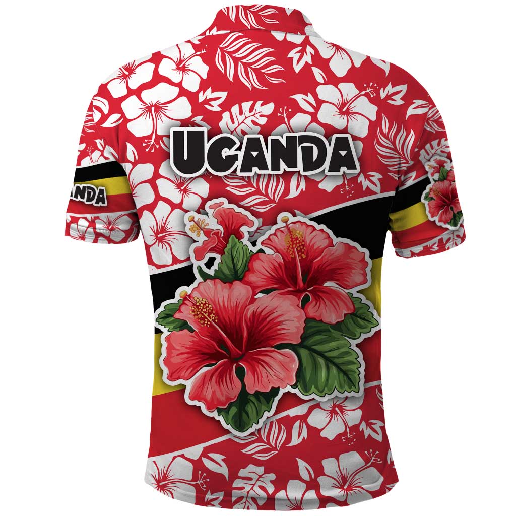 Uganda Polo Shirt with Red Hibiscus Flowers and National Flag Design