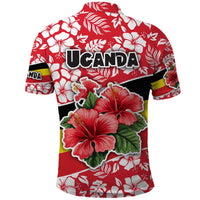 Uganda Polo Shirt with Red Hibiscus Flowers and National Flag Design