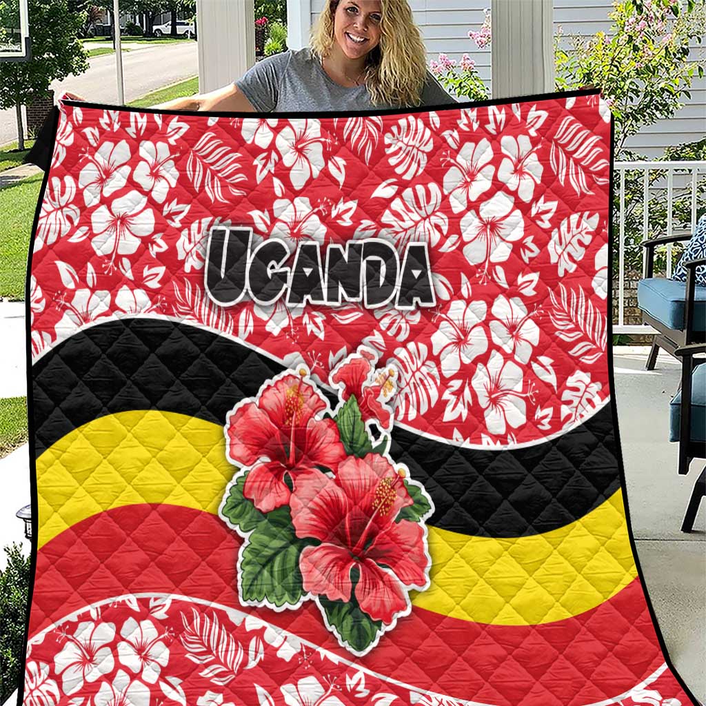 Uganda Quilt with Red Hibiscus Flowers and National Flag Design
