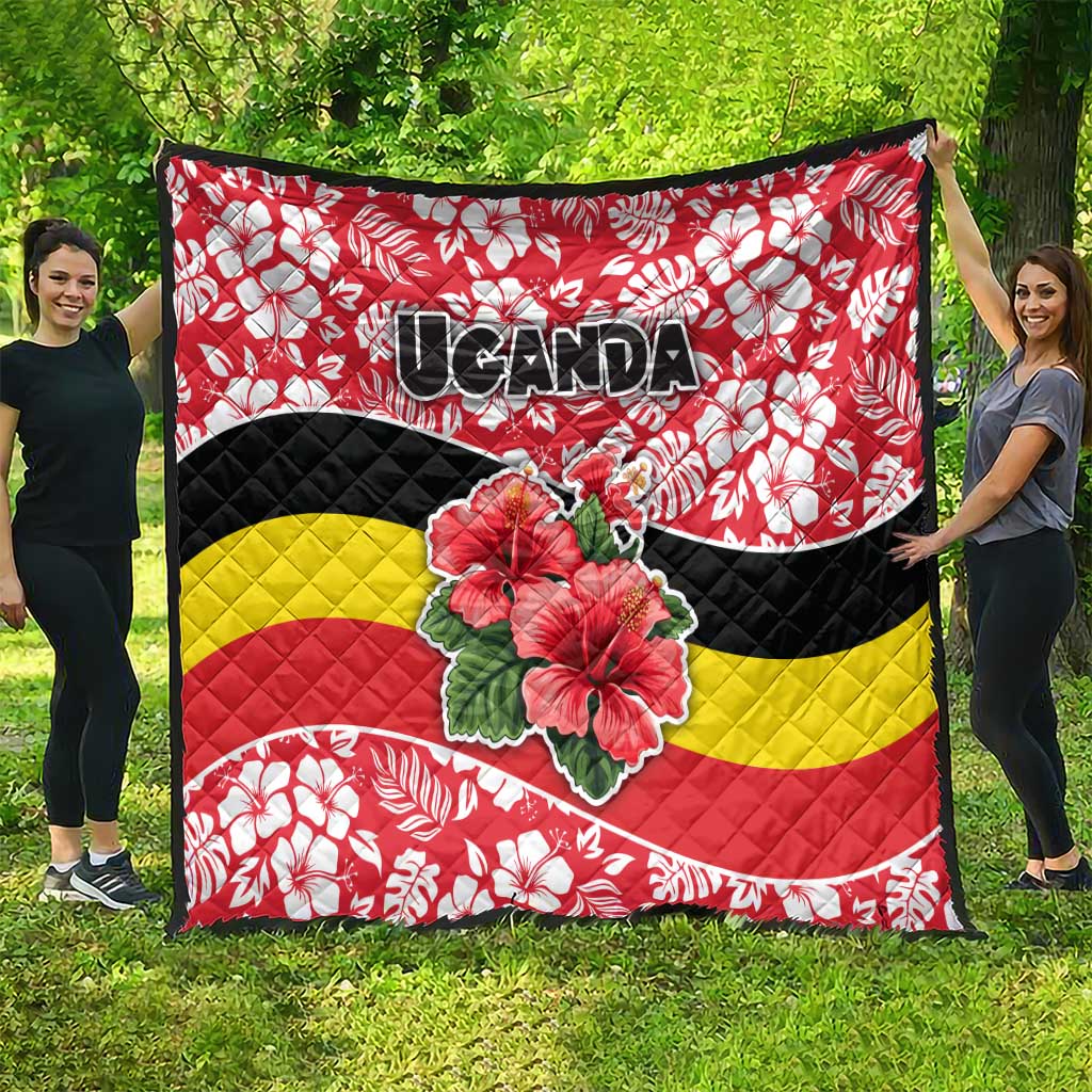Uganda Quilt with Red Hibiscus Flowers and National Flag Design
