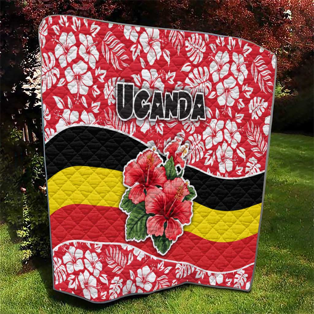 Uganda Quilt with Red Hibiscus Flowers and National Flag Design