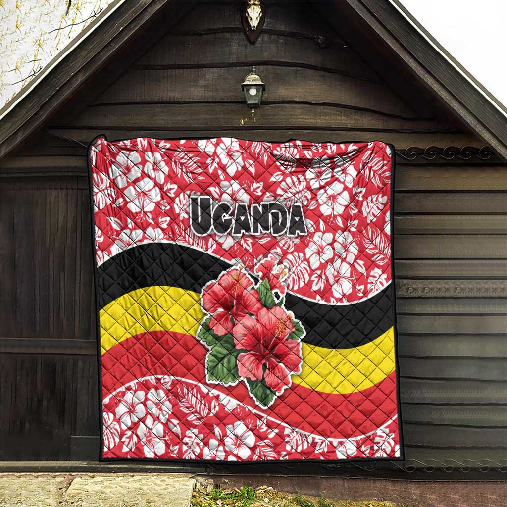 Uganda Quilt with Red Hibiscus Flowers and National Flag Design
