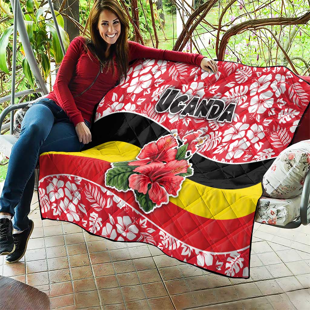 Uganda Quilt with Red Hibiscus Flowers and National Flag Design