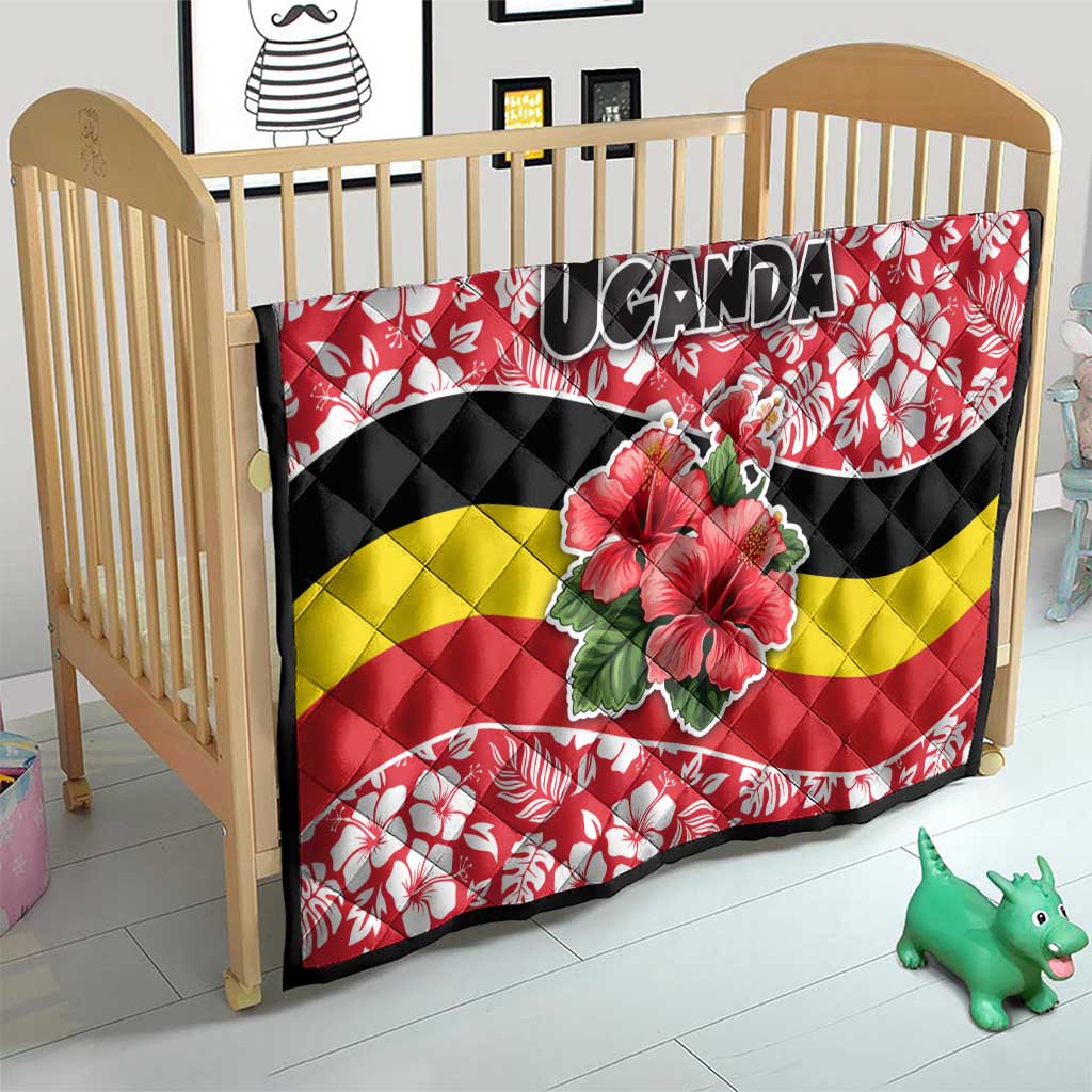 Uganda Quilt with Red Hibiscus Flowers and National Flag Design