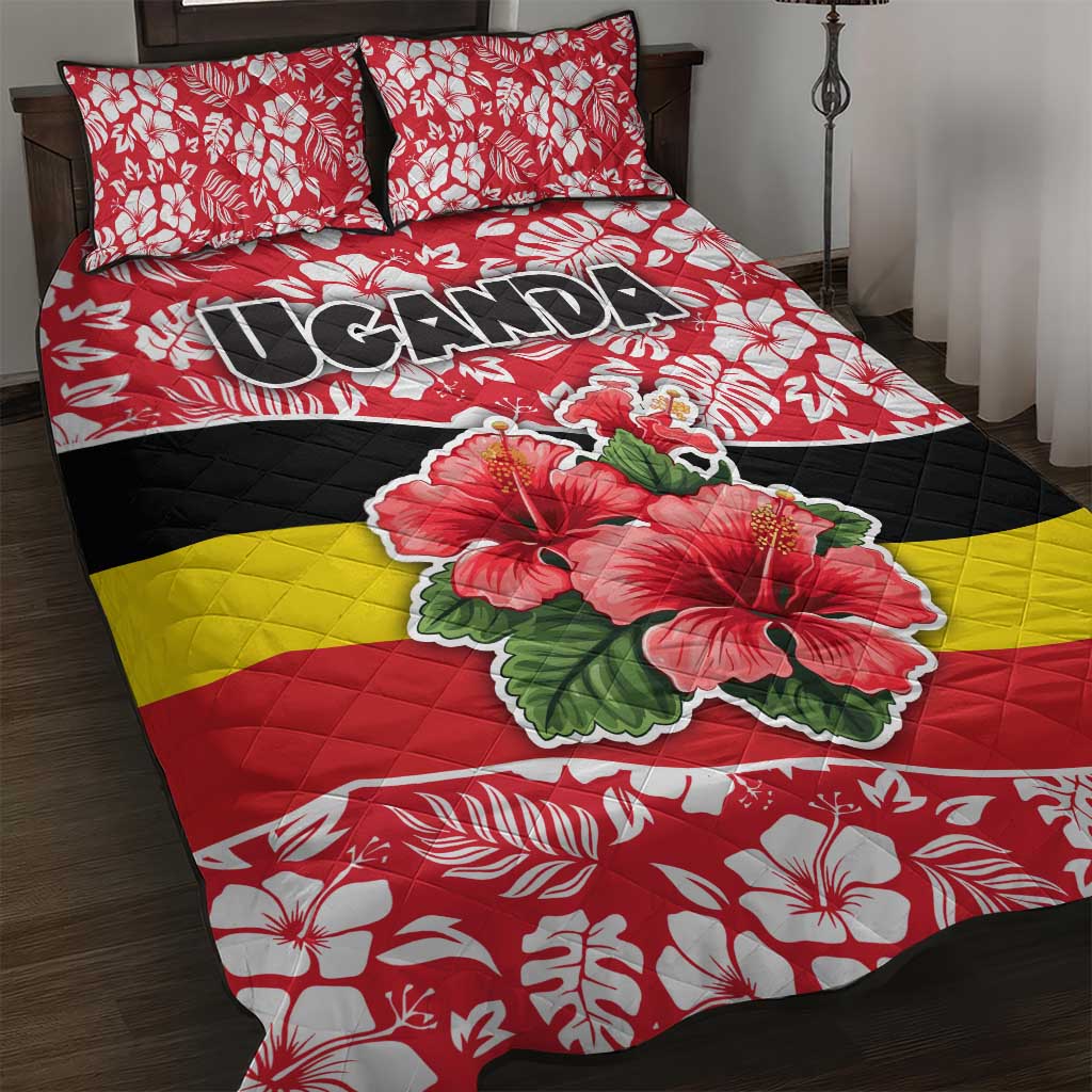 Uganda Quilt Bed Set with Red Hibiscus Flowers and National Flag Design