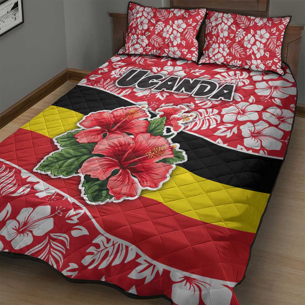 Uganda Quilt Bed Set with Red Hibiscus Flowers and National Flag Design