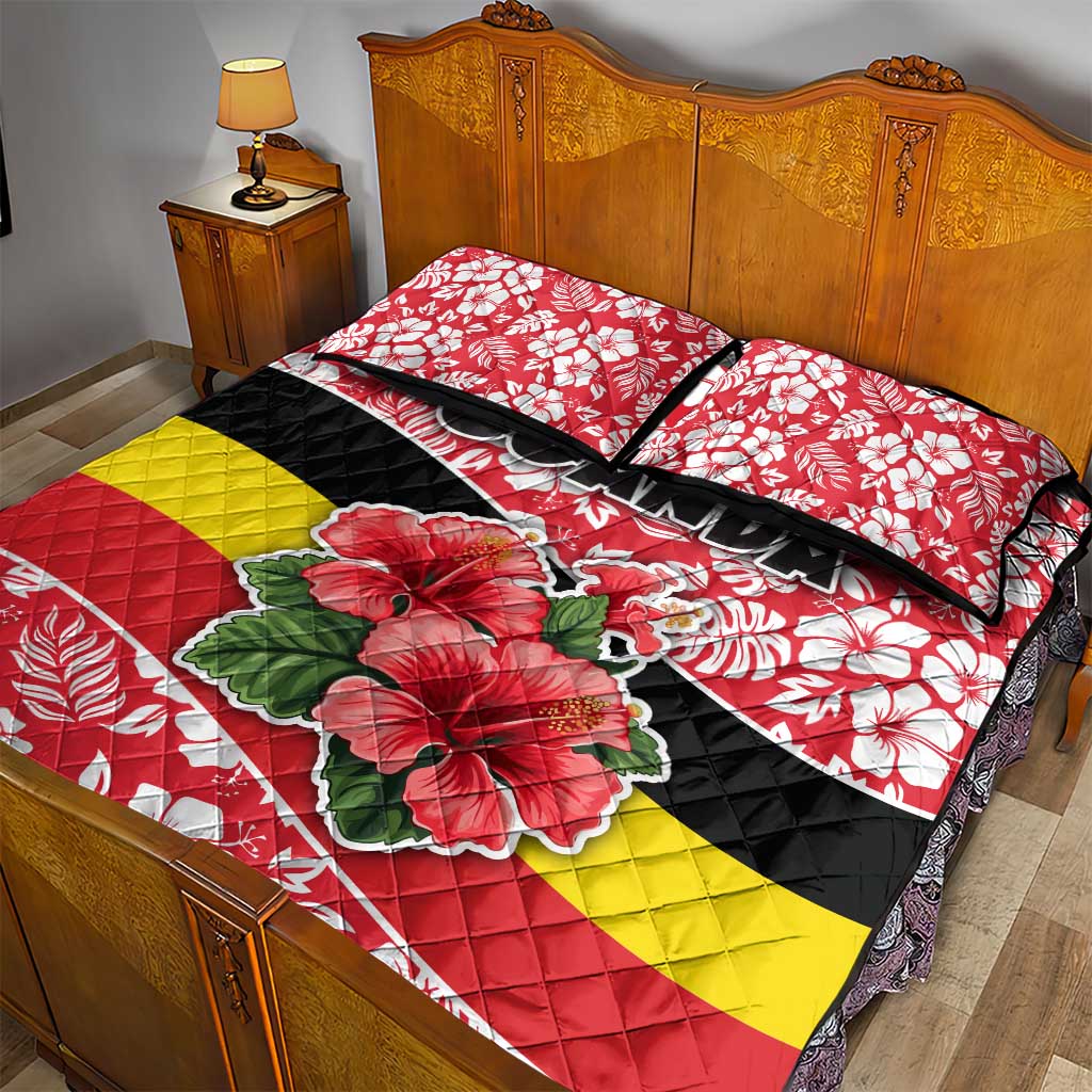 Uganda Quilt Bed Set with Red Hibiscus Flowers and National Flag Design