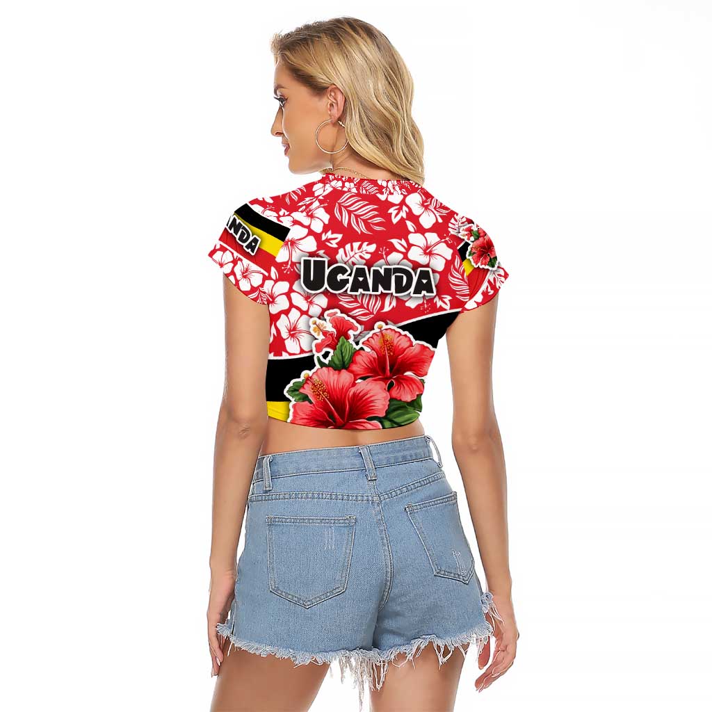 Uganda Raglan Cropped T Shirt with Red Hibiscus Flowers and National Flag Design