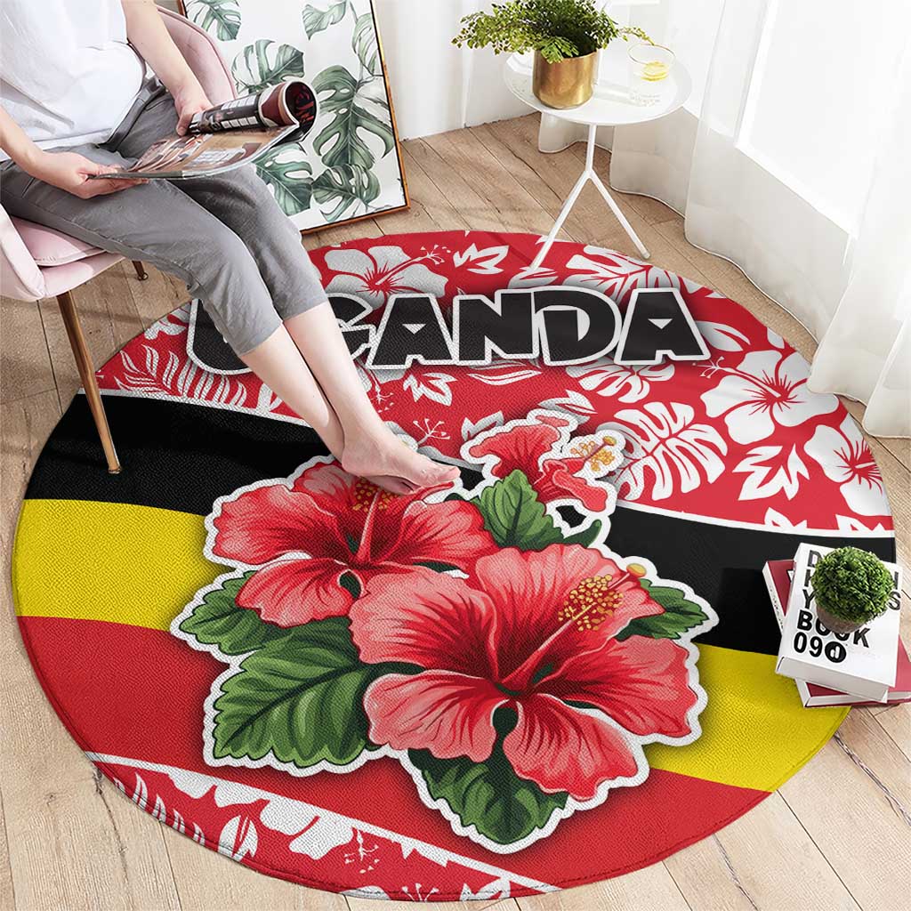 Uganda Round Carpet with Red Hibiscus Flowers and National Flag Design