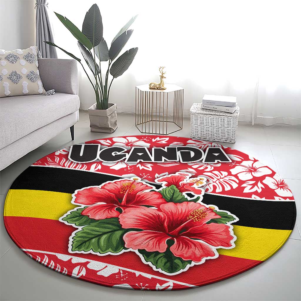Uganda Round Carpet with Red Hibiscus Flowers and National Flag Design
