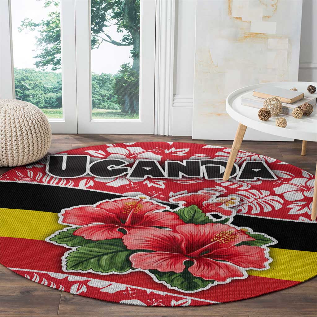 Uganda Round Carpet with Red Hibiscus Flowers and National Flag Design