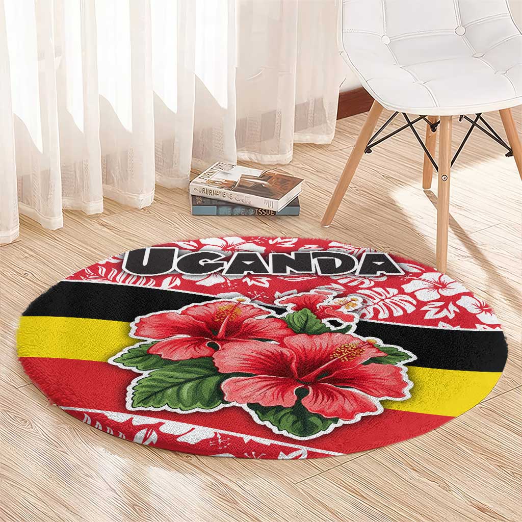 Uganda Round Carpet with Red Hibiscus Flowers and National Flag Design