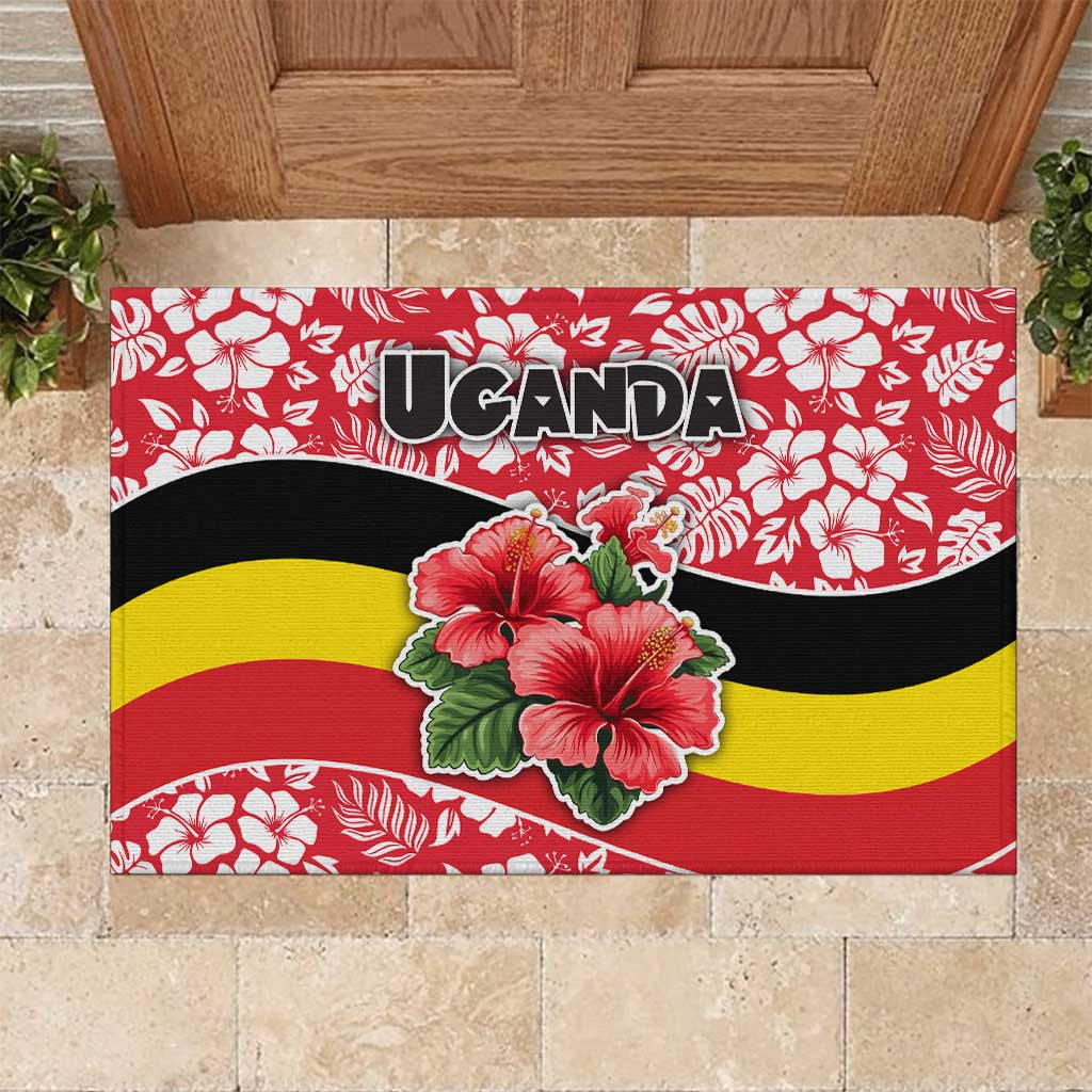 Uganda Rubber Doormat with Red Hibiscus Flowers and National Flag Design