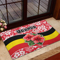 Uganda Rubber Doormat with Red Hibiscus Flowers and National Flag Design