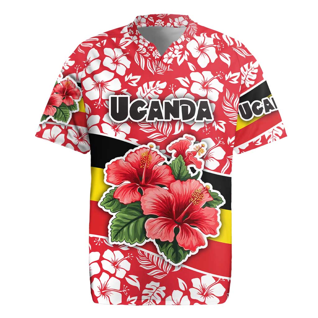 Uganda Rugby Jersey with Red Hibiscus Flowers and National Flag Design