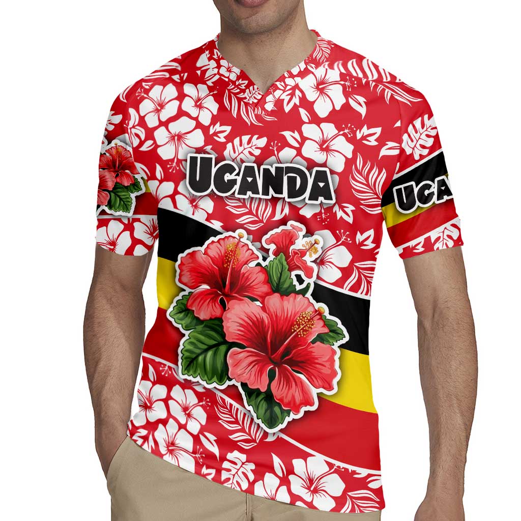 Uganda Rugby Jersey with Red Hibiscus Flowers and National Flag Design