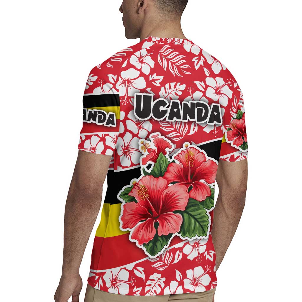 Uganda Rugby Jersey with Red Hibiscus Flowers and National Flag Design