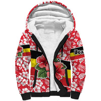 Uganda Sherpa Hoodie with Red Hibiscus Flowers and National Flag Design