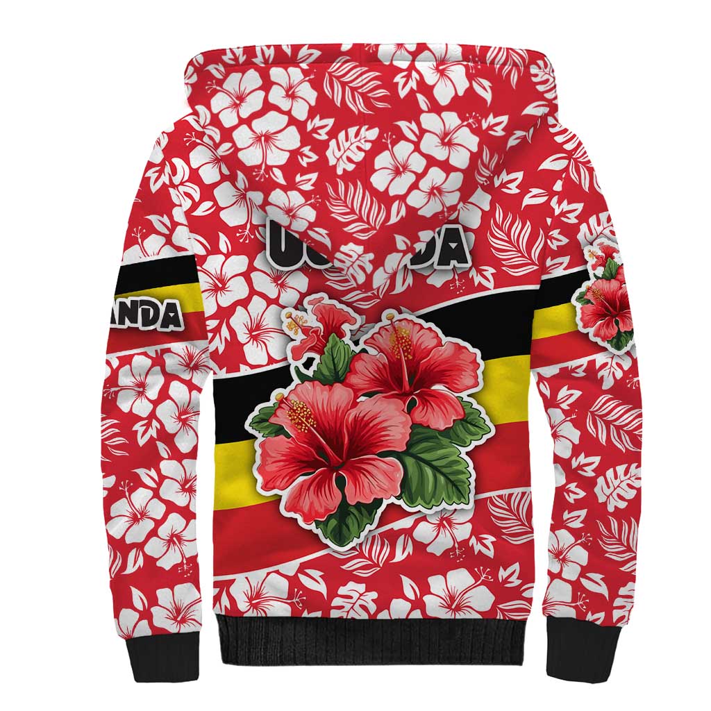 Uganda Sherpa Hoodie with Red Hibiscus Flowers and National Flag Design