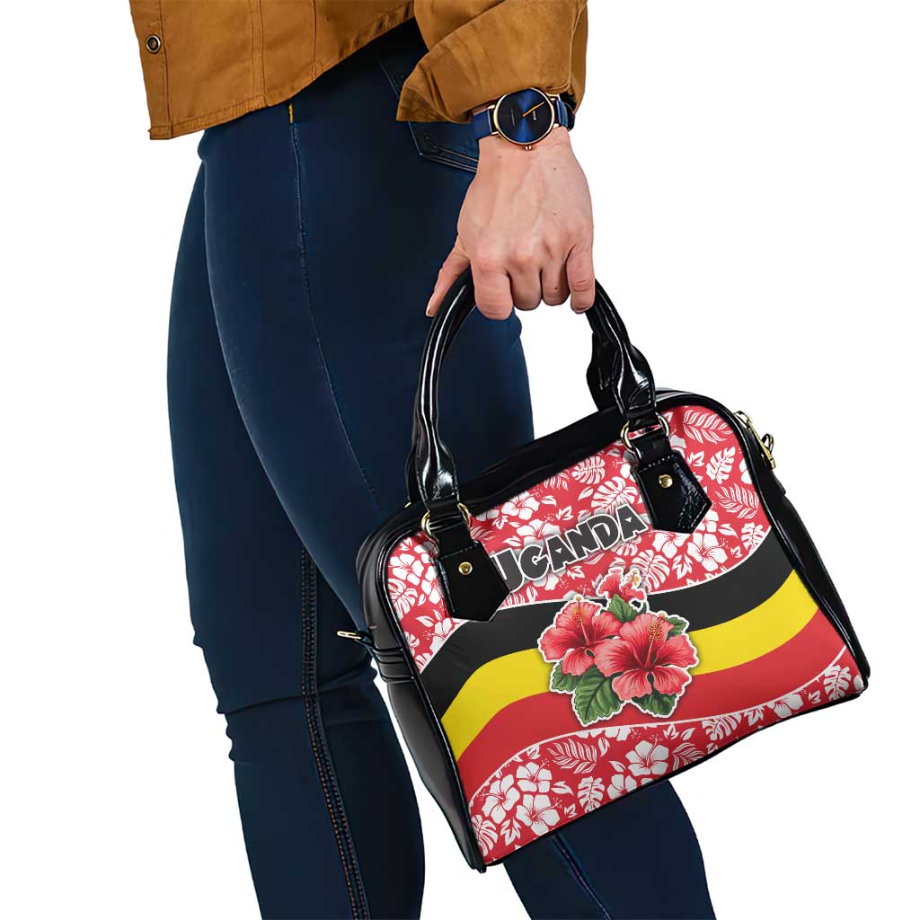 Uganda Shoulder Handbag with Red Hibiscus Flowers and National Flag Design