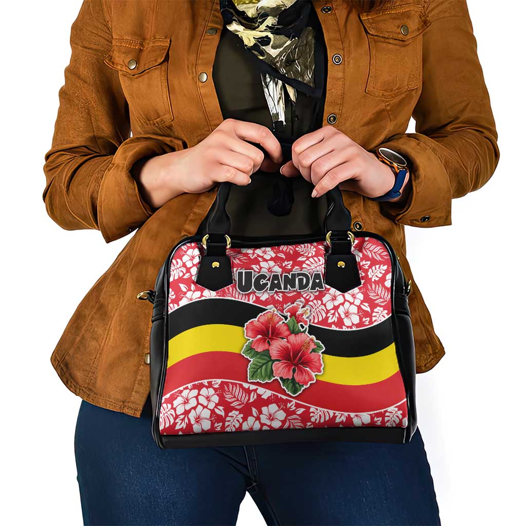 Uganda Shoulder Handbag with Red Hibiscus Flowers and National Flag Design